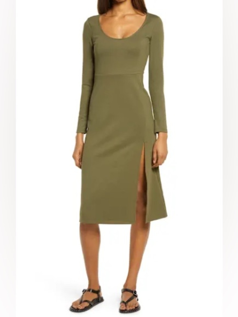 Leith Olive Long-Sleeve Scoop-Neck Midi Dress with Side Slit